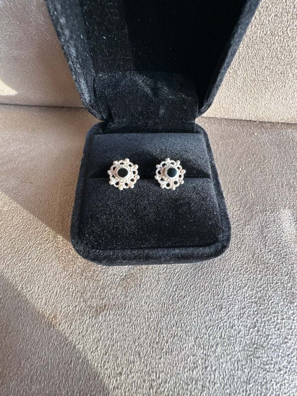 Vintage Style Black Onyx and Silver Tone Floral Filigree Stud Earrings